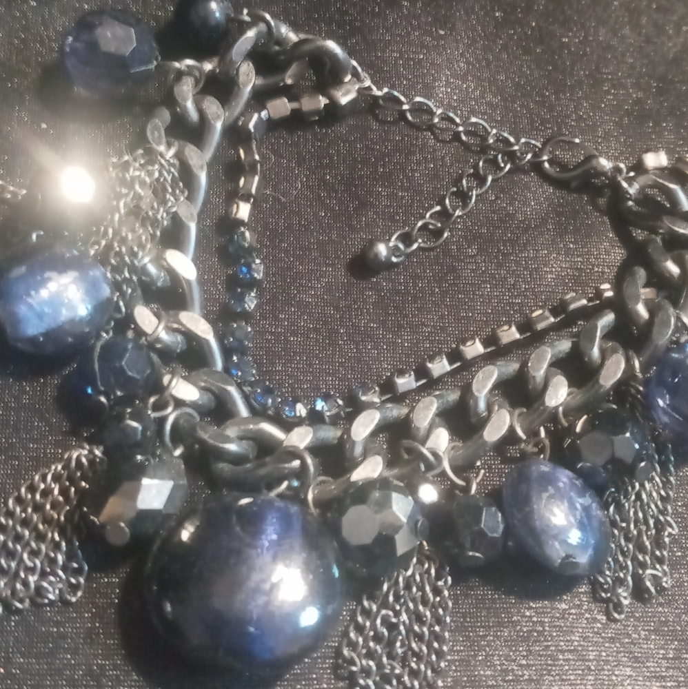 Elegant Blue foil glass and Blackened chunky curb chain Statement bracelet